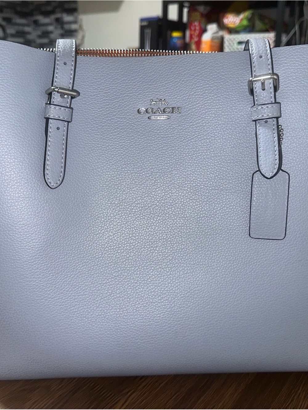 Coach Light Blue Pebbled Leather Tote with Silver Hardware